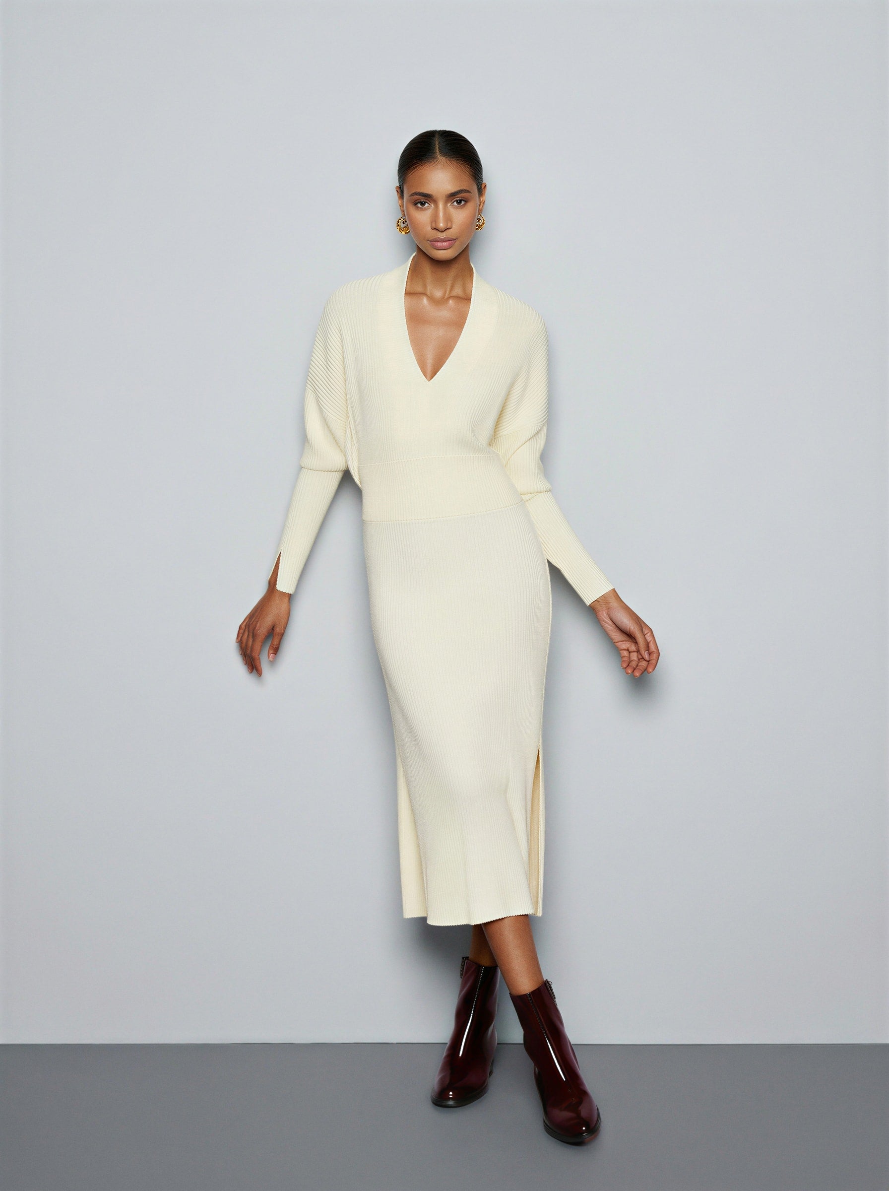 Ribbed V-Neck Dress-2